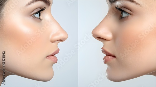 Rhinoplasty transformation profile, documenting the patient's nose with a large tip and uneven bridge pre-surgery, and a smooth, refined structure post-procedure