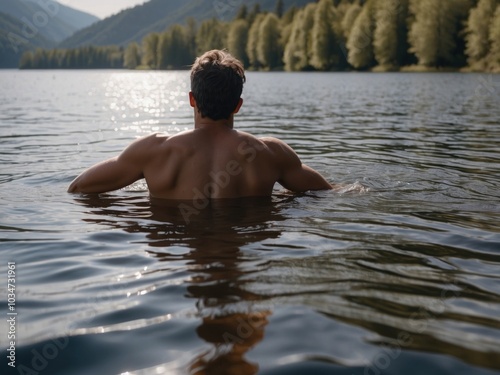 Rear view of shirtless man swimming in lake. AI Generative