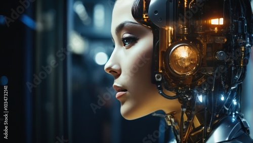 women face robot technology background. AI Generative