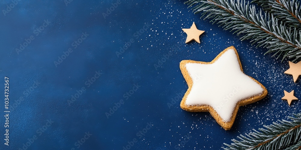 Festive Star Cookie with Pine Branch and Stars Festive Star Cookie with Pine Branch and Stars