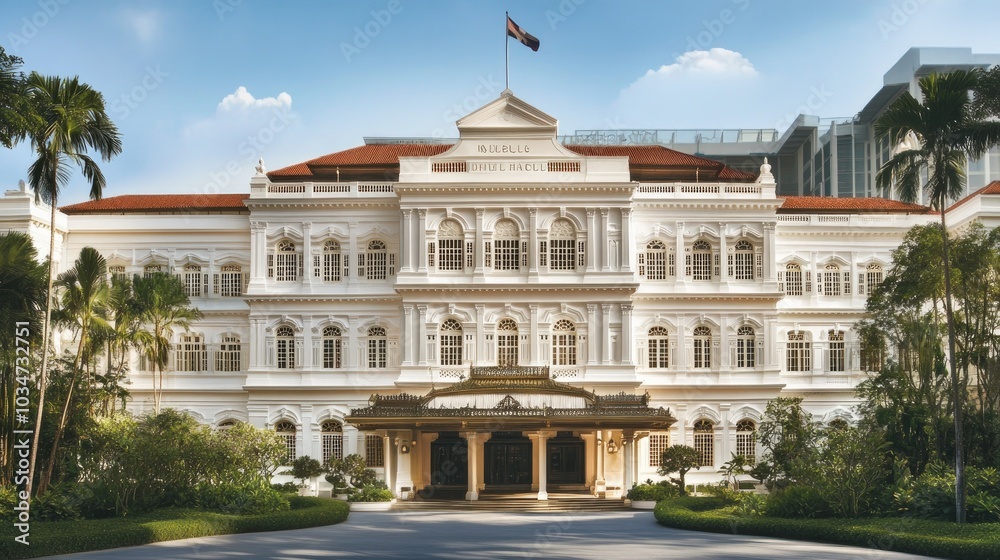 Raffles Hotel famous colonial facade, surrounded by lush greenery and heritage charm. Raffles Hotel famous colonial facade, surrounded by lush greenery and heritage charm.