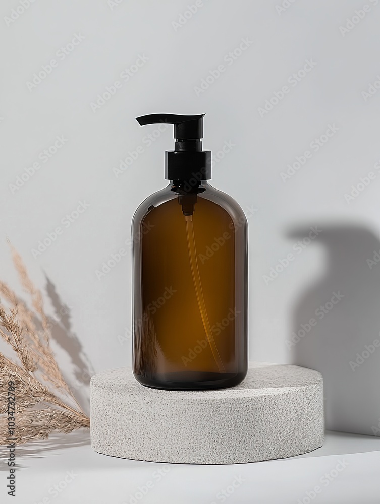 Amber Glass Bottle with Pump on White Background - Minimalist Product Photography Amber Glass Bottle with Pump on White Background - Minimalist Product Photography