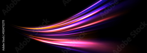 Glowing neon light splash background. Iridescent pink purple speed line flow. Magic luminous curved swirl concept. Abstract dynamic trail stripes. Curve streaks for poster, banner, flyer. Vector
