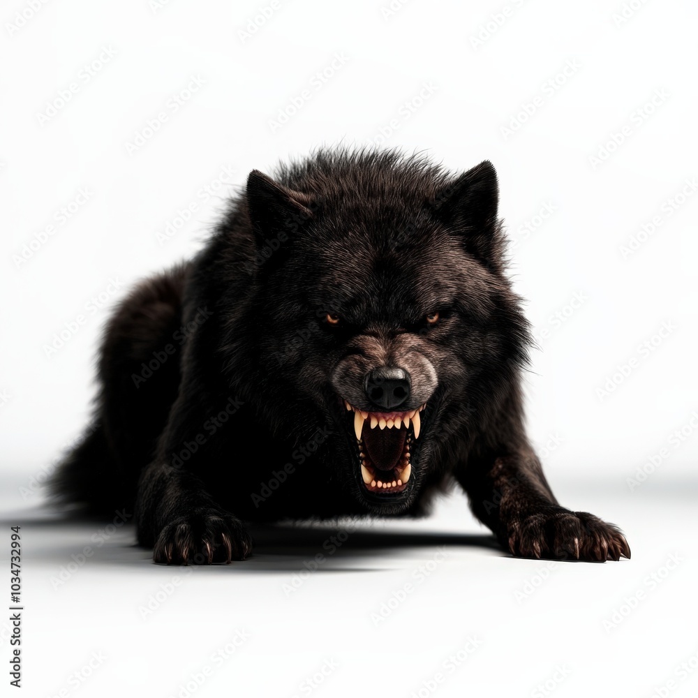 Obraz premium Aggressive black wolf snarling, isolated on a white background.