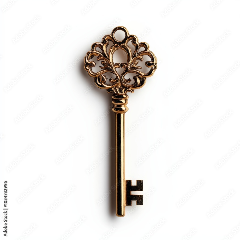 Antique golden key with ornate design on white isolated background. Antique golden key with ornate design on white isolated background.
