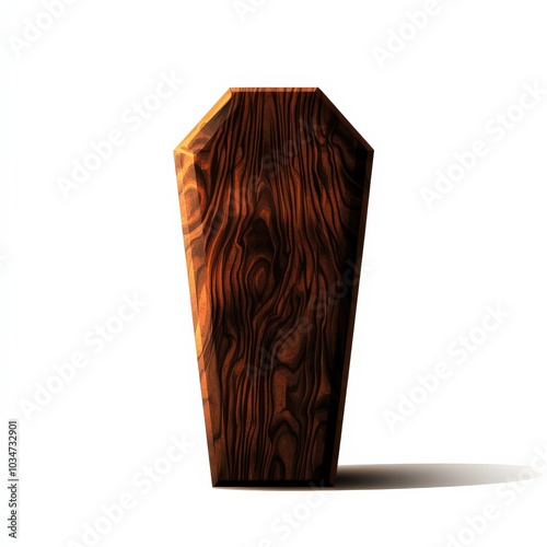 A wooden coffin with a polished surface and intricate grain patterns on a white background.