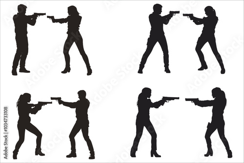 Attractive young couple with gun silhouettes collection. Silhouettes of young couple in hand gun. Stylish silhouettes of couple holding hand gun. Romantic couple holding hand gun silhouettes