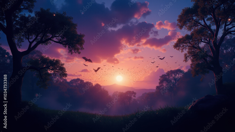 Fototapeta premium Bat colony flies at twilight