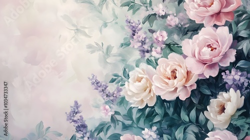 A delicate floral background featuring hand-painted flowers in soft hues of pink, lavender, and cream, surrounded by lush green leaves, creating a fresh and inviting atmosphere