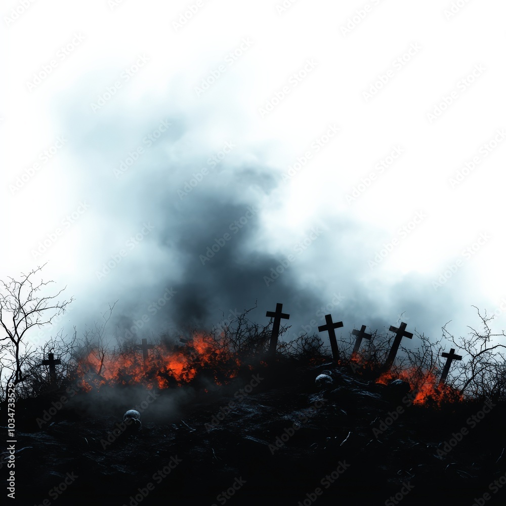 Fototapeta premium Burning landscape with crosses amidst heavy smoke and flames, white isolate background.