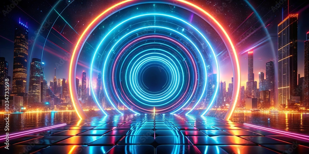A vibrant futuristic cityscape framed by a swirling neon portal, illuminating the reflective surface of a shimmering body of water A vibrant futuristic cityscape framed by a swirling neon portal, illuminating the reflective surface of a shimmering body of water