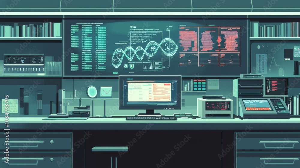High-tech workstation with hovering genomic data projections in a clinical genomics environment High-tech workstation with hovering genomic data projections in a clinical genomics environment