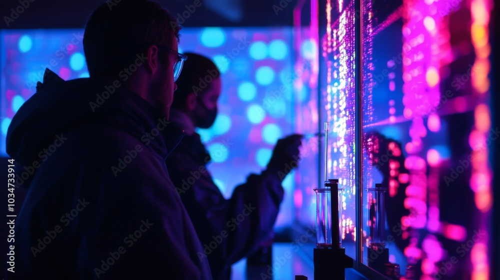 Obraz premium Scientists in a dark, neon-lit lab examining holographic projections of complex DNA sequences
