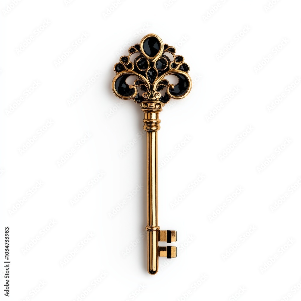 Detailed gold key with ornate design, isolated on white background. Detailed gold key with ornate design, isolated on white background.