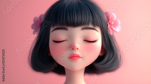 Asian cartoon girl in 3D with a sad and disappointed face, her eyes closed, minimalist light background, soft emotion-driven design, delicate lines