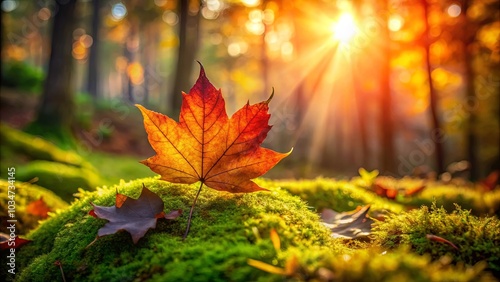 A single autumn leaf, illuminated by the golden rays of the setting sun, rests on a bed of lush green moss, creating a breathtaking tableau of nature's beauty.