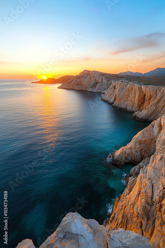 Sunset over tranquil ocean and rocky cliffs