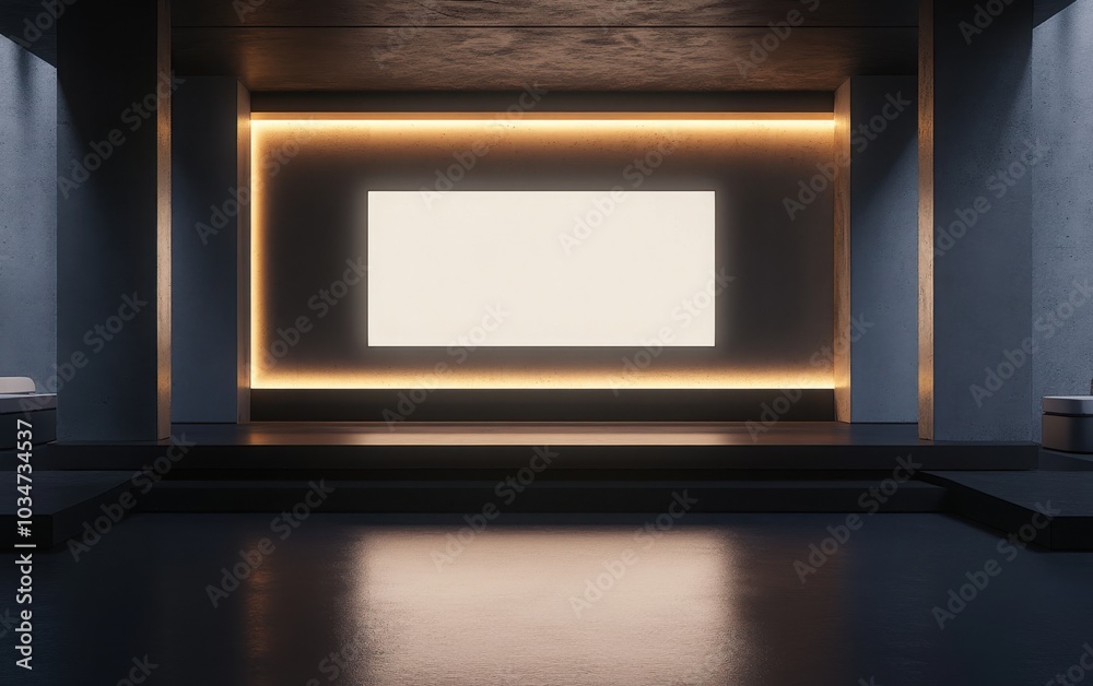 A 3D rendering of a modern exhibition space featuring a blank display screen illuminated by soft ambient lighting