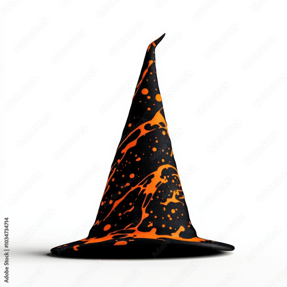 Fototapeta premium Halloween witch hat with a spooky design, isolated on a white background.