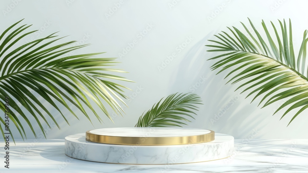 Obraz premium Minimalist White Marble Pedestal with Golden Accents and Palm Leaves
