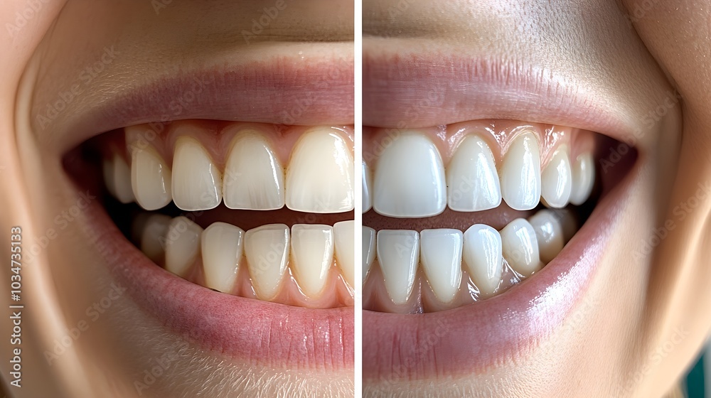 Obraz premium Visual documentation of at-home teeth whitening, with before pictures of discolored teeth and after photos highlighting a whiter, brighter smile