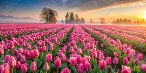 A vibrant field of pink tulips basking in the golden glow of sunrise, their petals unfurling towards the sky, a testament to nature's gentle awakening.