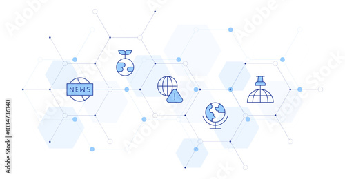 Global Banner Vector Illustration with Icon Style in Between. Line Duotone icon. Containing pin, globe, alert, earth day, news