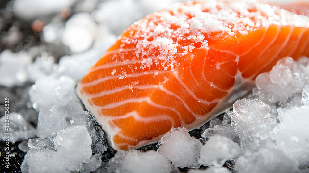 Chilled Salmon Fillets on Ice, premium quality seafood display, vibrant colors, appealing freshness, culinary presentation, gourmet ingredients