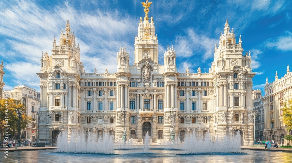 Obraz premium The Royal Palace of Madrid, Spain, with its grand architecture and manicured gardens.