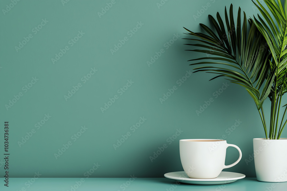 Coffee cup and plant on green background Coffee cup and plant on green background