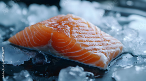 Fresh Salmon Fillets Nestled on a Bed of Ice, Vibrant and Chilled, Ideal for Culinary Delights and Seafood Presentations