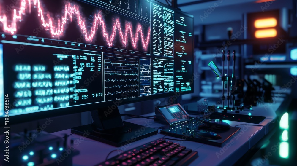 Advanced laboratory with neon-lit holoscan of a genome sequence rotating above an interactive console Advanced laboratory with neon-lit holoscan of a genome sequence rotating above an interactive console