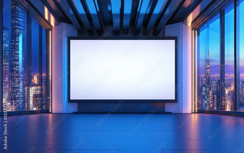 A dynamic 3D illustration showcasing a contemporary exhibition area with a large blank display screen A dynamic 3D illustration showcasing a contemporary exhibition area with a large blank display screen