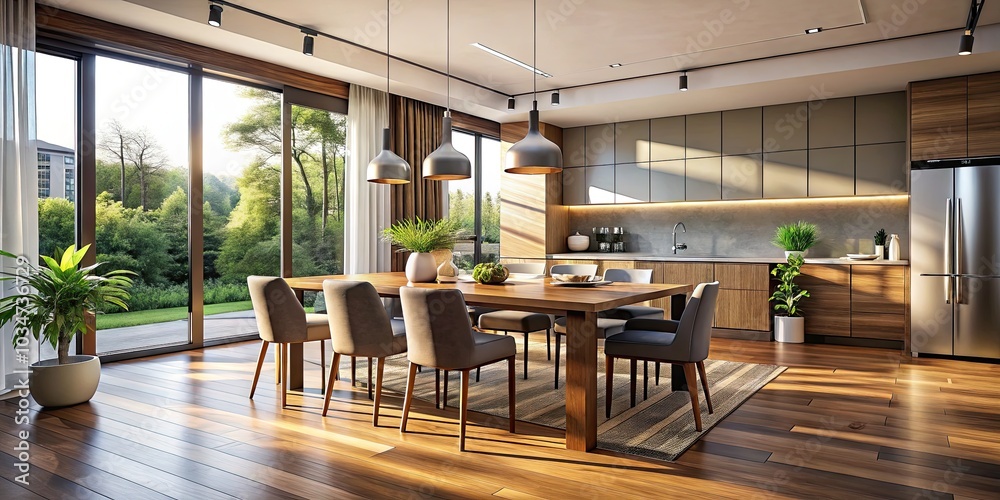 Fototapeta premium Contemporary Kitchen with Clean Shiny Maple Hardwood Floor in Upscale Dining Room Interior Design