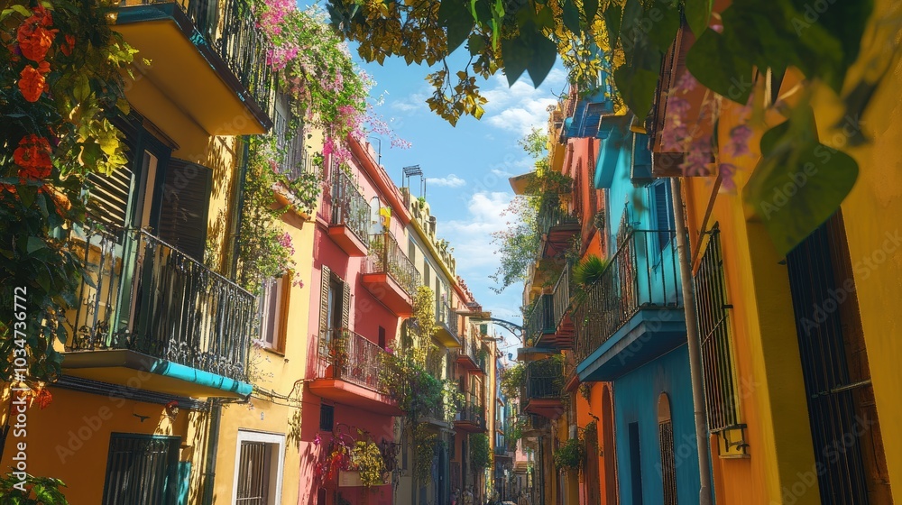 Fototapeta premium The vibrant streets of Barcelona, Spain, with architecture and street art.