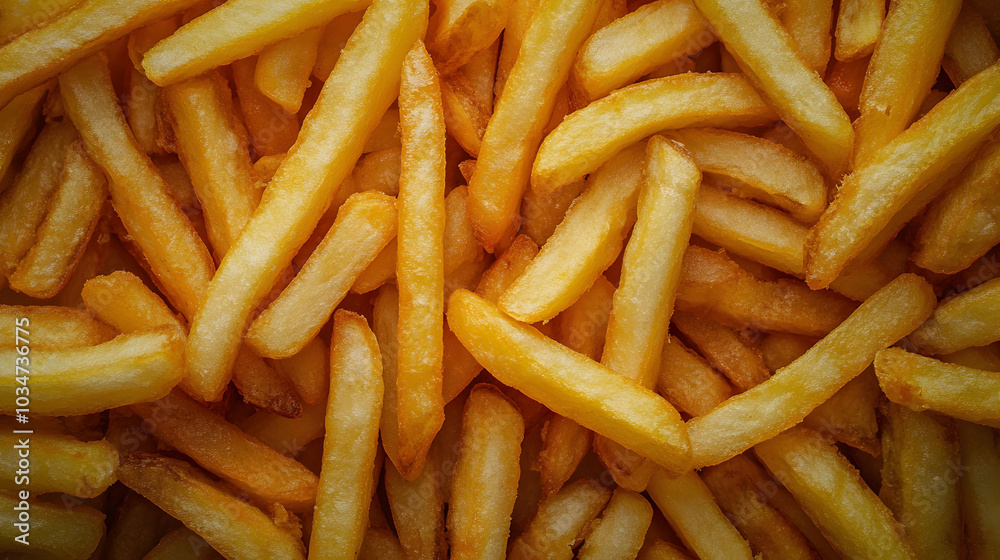 Golden crispy fries with a detailed close-up texture, showcasing their appetizing surface and inviting appearance. Golden crispy fries with a detailed close-up texture, showcasing their appetizing surface and inviting appearance.