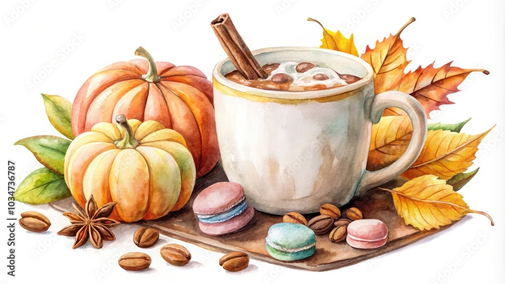 Fototapeta premium Cozy Autumn Food Photography: Watercolor Mug of Cocoa, Pumpkin, Leaves, Macaroon, and Cinnamon for Stickers and Invitations