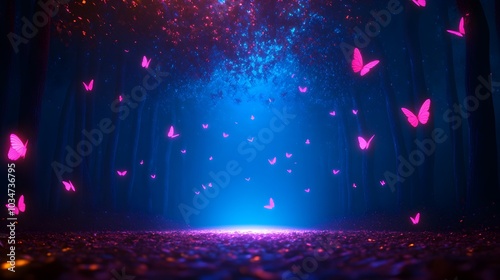 A mystical forest scene where the trees form a circle around a portal glowing with blue and pink light, as magical butterflies flutter around, illuminating the area