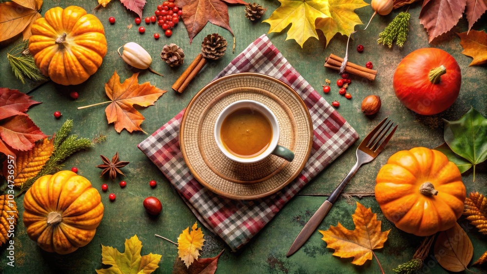 Cozy Autumn Table Setting with Pumpkin Decor, Spices, and Leaves on Pastel Olive Background for Seasonal Inspiration and Fall Gatherings Cozy Autumn Table Setting with Pumpkin Decor, Spices, and Leaves on Pastel Olive Background for Seasonal Inspiration and Fall Gatherings