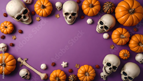 A top view of skulls, pumpkins, and spooky elements creates a vibrant Halloween scene against a rich purple background, embodying the spirit of the holiday with an eerie charm photo