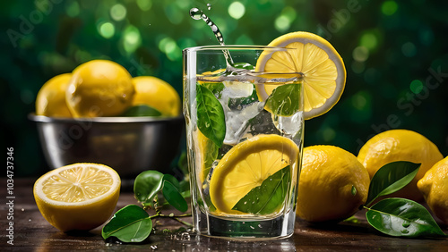 Fresh lemons in bowl and slices in glass of water with mint for refreshing healthy drink. Happy summer mood with splashing ice cube in tall drink.