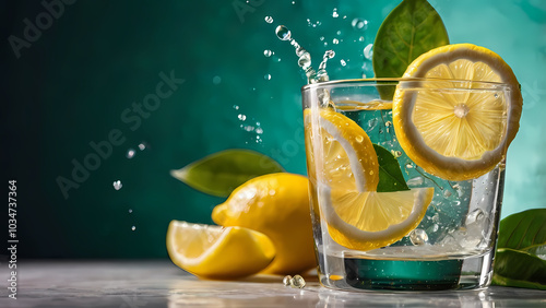 Lemon wedge splashing into glass of water. Close up view of refreshing and healthy summer drink on table. Copy space left
