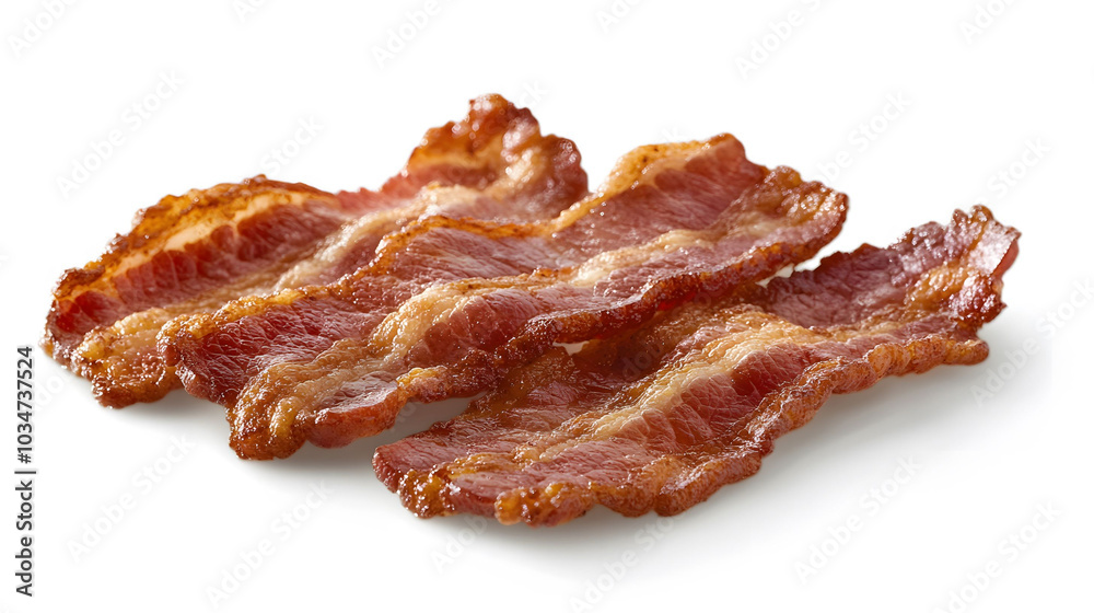 Crisp Fried Bacon on White, vibrant close-up of perfectly cooked bacon against a clean white backdrop, ideal for e-commerce display Crisp Fried Bacon on White, vibrant close-up of perfectly cooked bacon against a clean white backdrop, ideal for e-commerce display