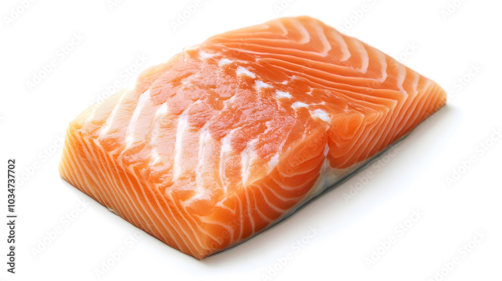 Fresh salmon fillet displayed on a white background, emphasizing its rich texture and vibrant color, inviting culinary inspiration and appreciation Fresh salmon fillet displayed on a white background, emphasizing its rich texture and vibrant color, inviting culinary inspiration and appreciation