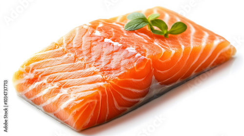 Fresh salmon fillet on white background, emphasizing rich texture and color, presented in an ultra-wide format for visual impact