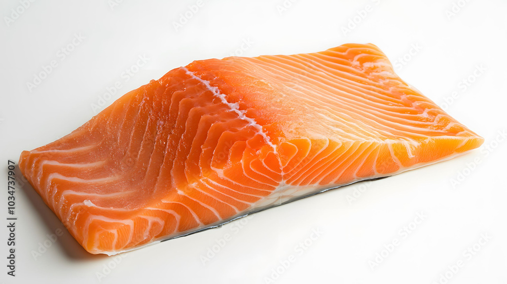 Fresh salmon fillet on a clean white background, showcasing rich texture and color, viewed from a wide horizontal perspective Fresh salmon fillet on a clean white background, showcasing rich texture and color, viewed from a wide horizontal perspective