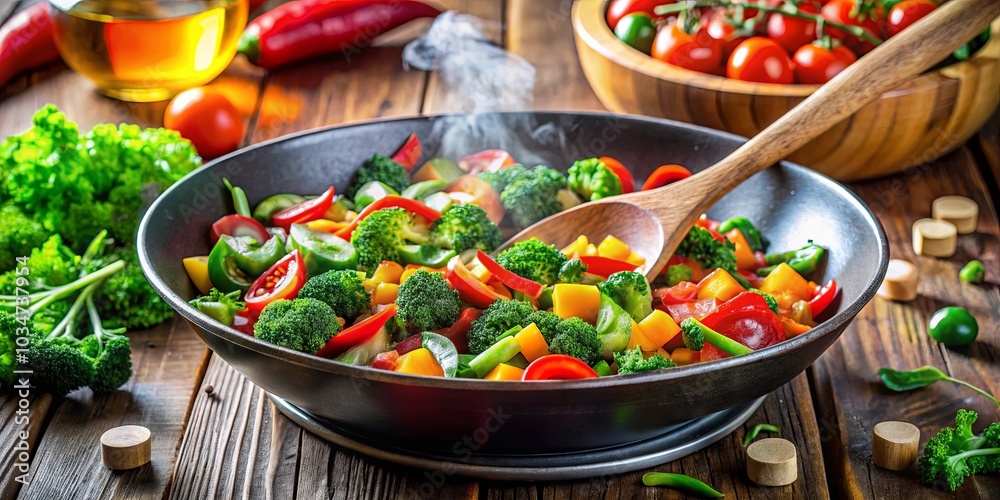 A Stir Fry with Broccoli, Peppers, Tomatoes, and Other Vegetables Simmering in a Pan with Steam Rising A Stir Fry with Broccoli, Peppers, Tomatoes, and Other Vegetables Simmering in a Pan with Steam Rising