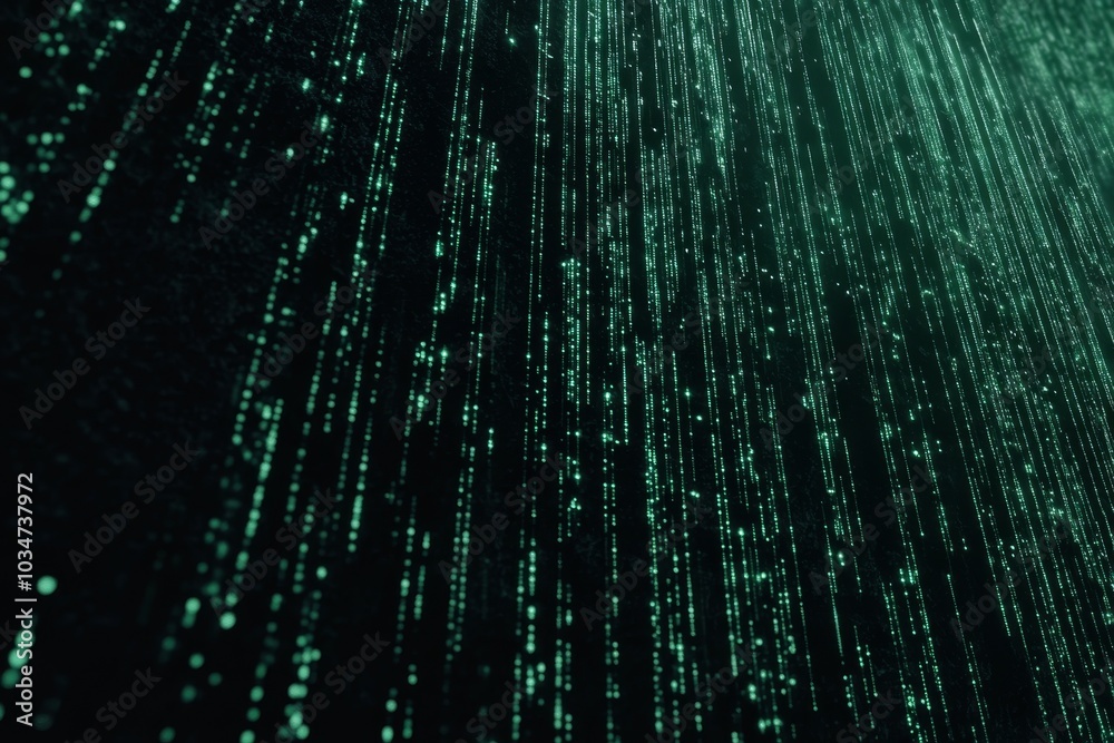 Abstract background of green digital rain, falling down in a dark, digital space. Abstract background of green digital rain, falling down in a dark, digital space.