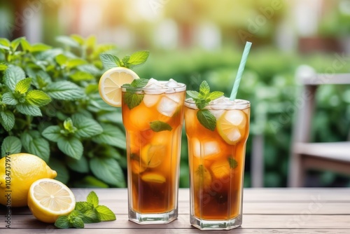 A refreshing glass of tea with lemon and mint on wooden table