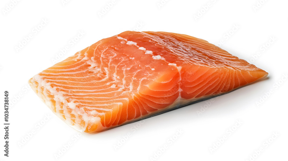 Fresh salmon fillet displayed on a white background, showcasing intricate texture and color, viewed from a wide horizontal perspective Fresh salmon fillet displayed on a white background, showcasing intricate texture and color, viewed from a wide horizontal perspective